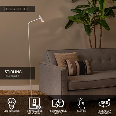Lucide STIRLING - Lampadaire Rechargeable - Batterie/Piles - LED 3 StepDim - 1x3W 2700K - Blanc